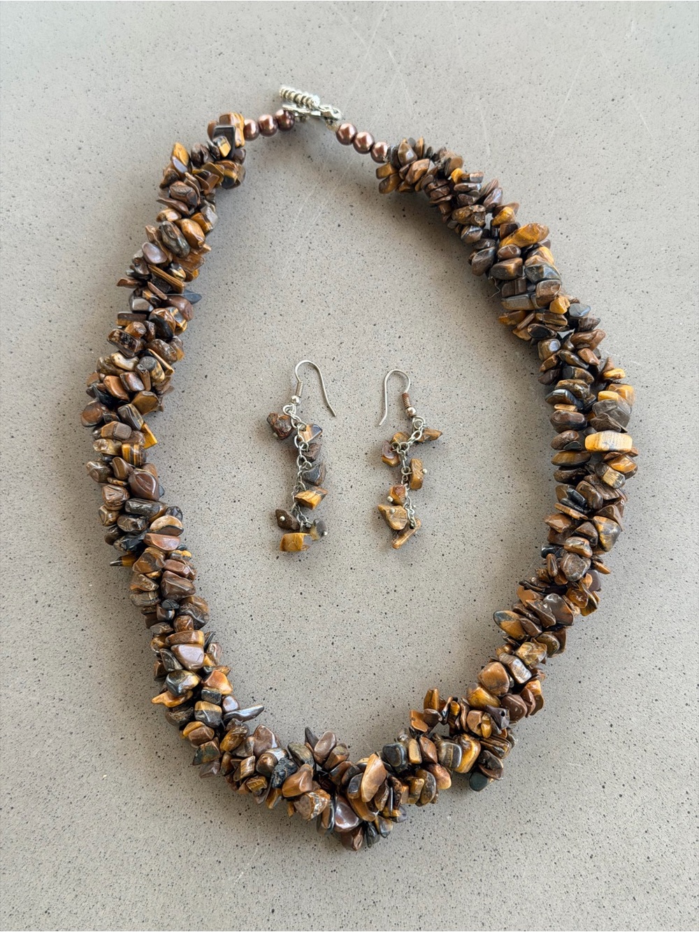 3 Strand Tiger's Eye Chip Necklace, Ring & Earrings Set - Brown